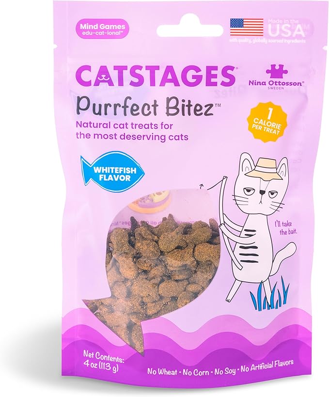 Catstages by Nina Ottosson Purrfect Bitez Natural Crunchy Cat Treats for Puzzles, Toys, Feeders, &amp; Training, USA-Made, Real Whitefish Flavor, 4oz