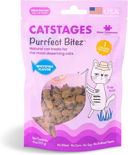Catstages by Nina Ottosson Purrfect Bitez Natural Crunchy Cat Treats for Puzzles, Toys, Feeders, &amp; Training, USA-Made, Real Whitefish Flavor, 4oz