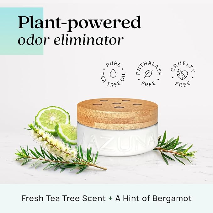 Azuna Air Freshener &amp; Odor Eliminator Gel 4 Room Kit, Includes (4) 8 oz. Empty Luxe Glass Jars &amp; 24 oz. Refill with Tea Tree Essential Oil, Amalfi Breeze, Works 24/7 for 60-90 Days