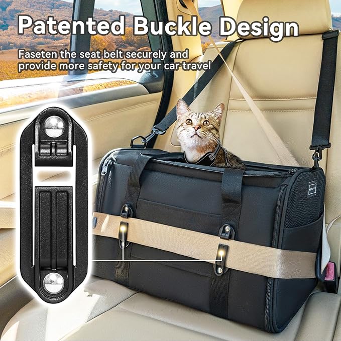 PETSFIT Soft-Sided Cat Carriers &amp; Car Seats with Patent Safe Buckles, Clip-On Harness, 18"x11"x11" Airline Approved Pet Carrier - 9 lbs Capacity (Black)