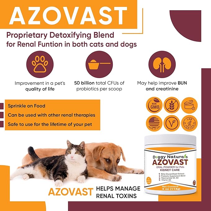Azovast Powder Kidney Restores &amp; Kidney Powder for Dogs &amp; Cats, (4 Oz) - (175 Scoop/Jar) NO Refrigeration Required - Help Support Kidney Function &amp; Manage Renal Toxins (Made in U.S.A) (4 Oz)