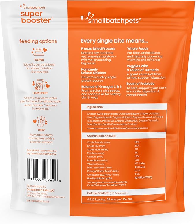 smallbatch Freeze Dried Dog Treats, Superfood Food Topper Chicken Bites for Dogs &amp; Cats, Probiotics, Organic Ingredients, High Protein, Grain Free Healthy Treat Food Topper, Made in The USA, 7 oz Bag
