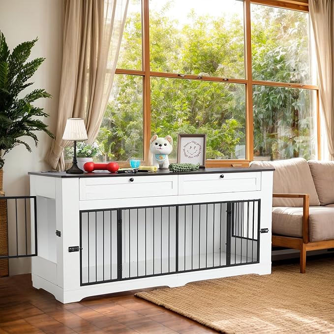 Large Dog Crate Furniture-Decorative Heavy Duty Dog Cage Indoor, Wooden Dog Cage End Table with Charging Station, Dog House with 2 Drawers (White, 70.86&