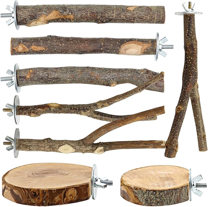 Natural Wood Bird Perches for Cage, Parrot Perch Stand &amp; Platform, Bird Cage Accessories for Parakeets, Cockatiels, Conures, Lovebirds (Brown, Core Perch &amp; Platform - 8PCS)
