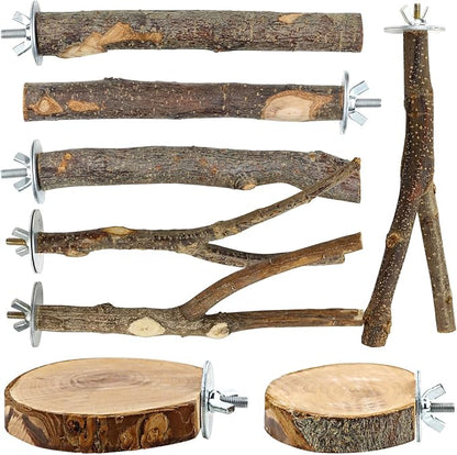 Natural Wood Bird Perches for Cage, Parrot Perch Stand &amp; Platform, Bird Cage Accessories for Parakeets, Cockatiels, Conures, Lovebirds (Brown, Core Perch &amp; Platform - 8PCS)