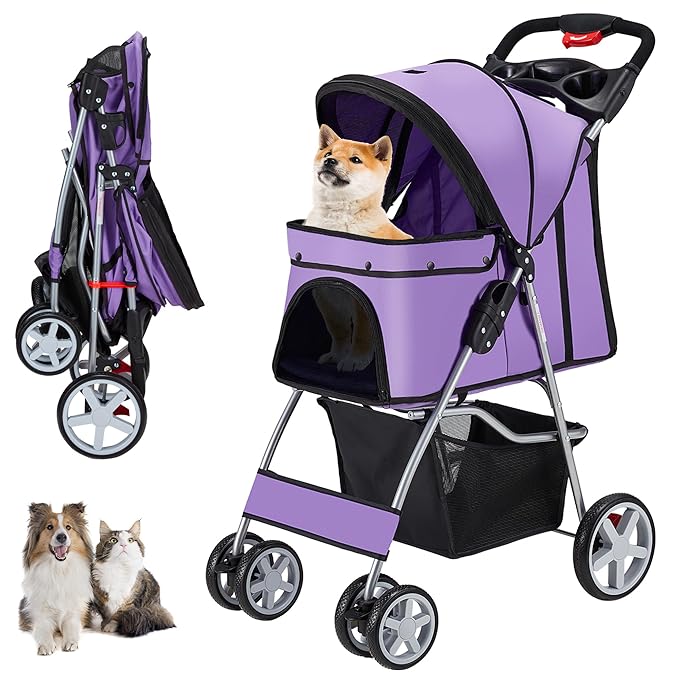 4 Wheels Pet Stroller for Small Medium Dogs Cats 10-33 lbs, Foldable Dog and Cat Stroller with Cup Holder &amp; Storage Basket &amp; Breathable Mesh, Pet Strolling Cart for All-Season, Purple