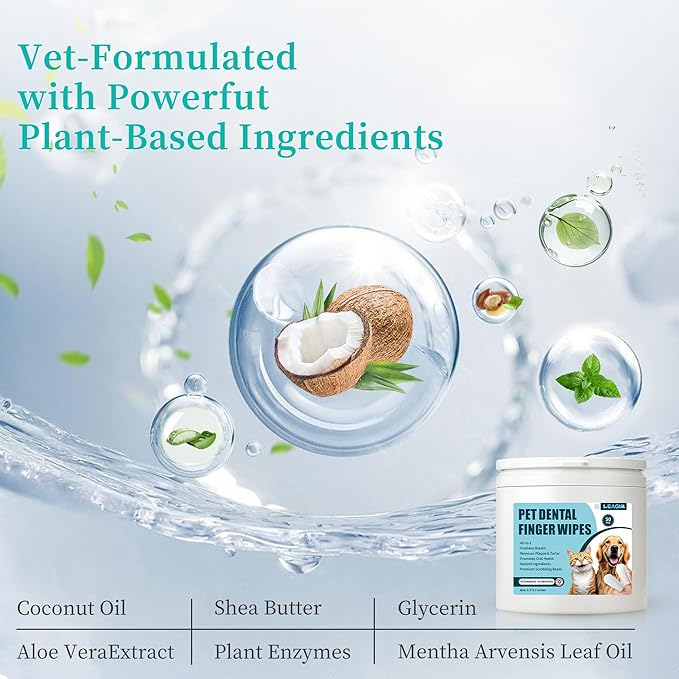 Dog Teeth Cleaning Wipes, Cat &amp; Dog Toothbrush Brushing Kit, Dog Tooth Finger Dental Wipes to Remove Tartar &amp; Plaque, Plant-Based Care Disposable Pet Wipes (50 Count, Uncented)