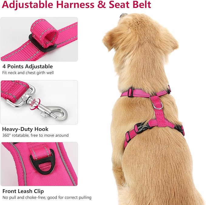 Dog Seat Belt Harness for Car, Dog Car Harness Adjustable Mesh Breathable &amp; Dogs Seatbelt Safety Tether with Elastic Bungee for Small Medium Large Pets(Rose, S)