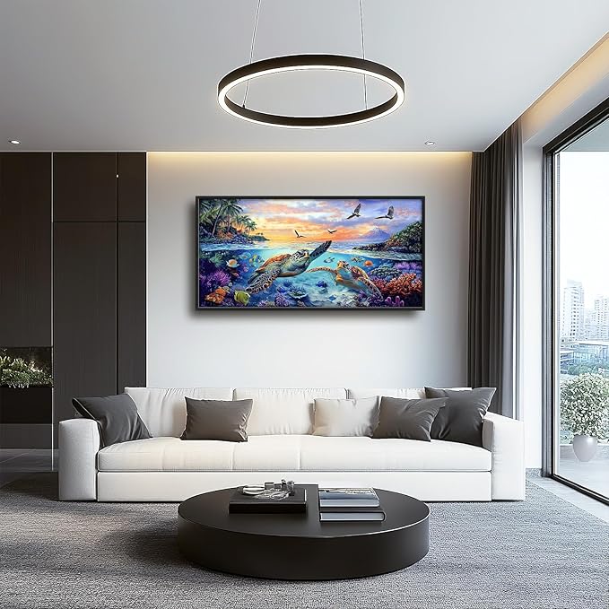 Framed Large Sea Turtle Wall Art for Living Room, Oversized Ocean Turtle Wall Decor Seascape Underwater Marine Life Canvas Painting Home Decoration for Living Room Bedroom Office 60"x30"