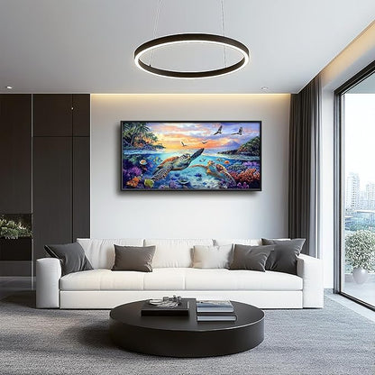 Framed Large Sea Turtle Wall Art for Living Room, Oversized Ocean Turtle Wall Decor Seascape Underwater Marine Life Canvas Painting Home Decoration for Living Room Bedroom Office 60"x30"