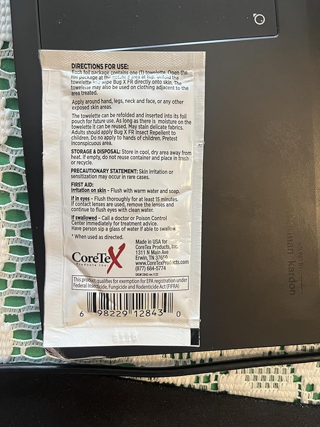 CoreTex Bug X FR DEET-Free Insect Repellent Wipes - Pack of 25 Single-Use, Naturally Derived Geranium Oil Bug Wipes - Protects Against Flies, Fleas &amp; Mosquitoes - Travel Mosquito Repellent Towelettes