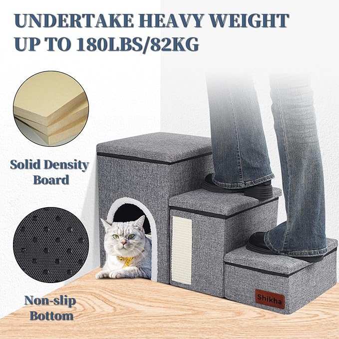 Dog Stairs for High Bed and Couch, 4 IN 1 Foldable Pet Stairs for Cats &amp; Small and Medium Dogs, Adjustable Dog Steps with Pet Climbing Ladders/Cozy Condo/Storage Boxes/Cat Scratcher, Hold Up to 180LBS