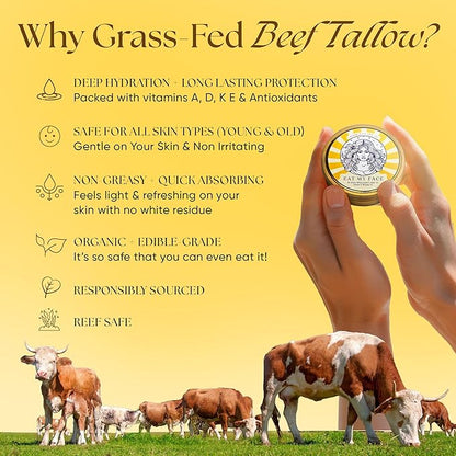 Beef Tallow Sunscreen Organic with Non Nano Zinc Oxide Formula for Daily Protection, 4oz Reef Safe Sunblock, SPF 30 All Natural Chemical Free Sunscreen, Made in USA, Natural Organic Sunblock for Skin