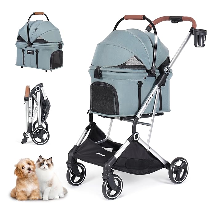 T3 Pro 3-in-1 Small Pet Stroller for Dog &amp; Cats, 4 Wheels with Detachable Carrier with Pad, Canopy and Cup Holder, Green