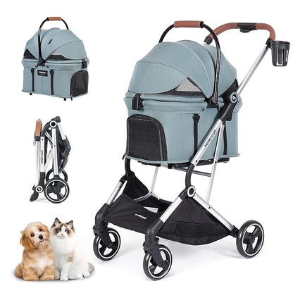 T3 Pro 3-in-1 Small Pet Stroller for Dog &amp; Cats, 4 Wheels with Detachable Carrier with Pad, Canopy and Cup Holder, Green