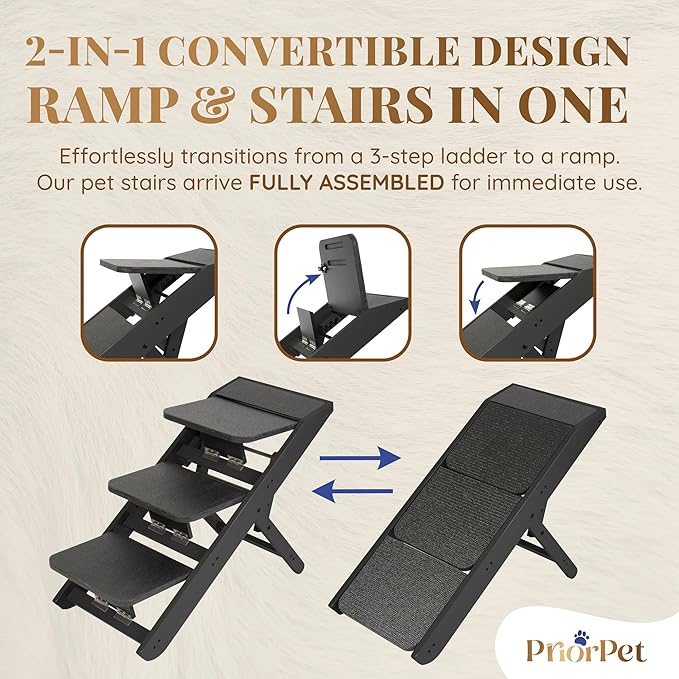 Dog Steps for Bed &amp; Couch 2-in-1 Dog Stairs/Ramp - Height Adjustable Dog Ramp for Couch 7” - 20” - Pet Stairs, Dog Stairs for Small Dogs - Easy to Move Pet Steps with Landing Platform, Black