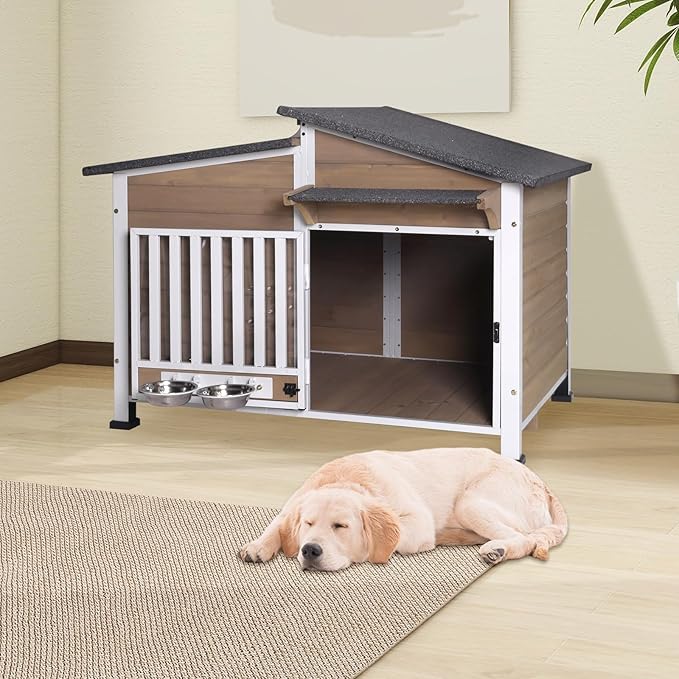 Chew-Resistant Dog House with Metal Frame, Wooden Kennel for Indoor &amp; Outdoor Use, Waterproof Roof &amp; Feeding Bowls Included (Brown, L)