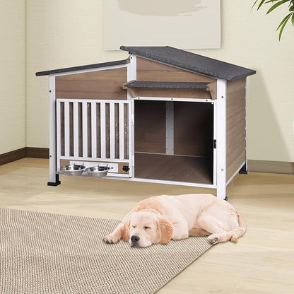Chew-Resistant Dog House with Metal Frame, Wooden Kennel for Indoor &amp; Outdoor Use, Waterproof Roof &amp; Feeding Bowls Included (Brown, L)