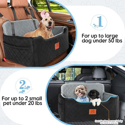 Dog Car Seat for Medium/Large Dogs,Dog Booster Seat for Dog Under 50lbs or 2 Small Dogs, Detachable and Washable Pet Car Seat,Multi-Functional Travel Dog Bed &amp; Dog Sofa(Black/Grey)