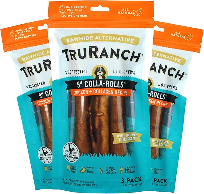 Collagen Rolls - 9" Collagen Rolls for Dogs - Long Lasting Healthy Joint Support - Rawhide Alternative - Skin &amp; Coat Health - Made with Real Chicken, Value Pack, 3 Bags, 9 Count