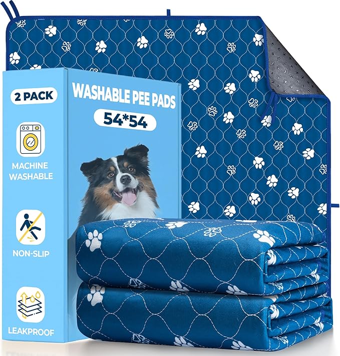 Fostanfly Washable Pee Pads for Dogs, 2 Pack Large 54"x54" Ultra-Absorbent and Leak-Proof Non-Slip Reusable Potty Training Pads for Dogs, Puppy &amp; Cats of Add 8 Lanyards-Blue