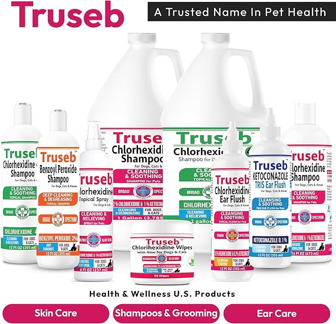 Truseb Advanced Topical Dog Ear Wash with Ketoconazole &amp; Chlorhexidine Ear Flush Dog, Cats and Horses, with Aloe - 12 oz Made in U.S.A (Ketoconazole &amp; Chlorhexidine Ear Flush, 12 oz)