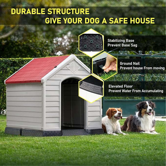 LEMBERI Durable Waterproof Plastic Dog House for Small to Large Sized Dogs, Indoor Outdoor Doghouse Puppy Shelter with Elevated Floor, Easy to Assemble (Red, 34&