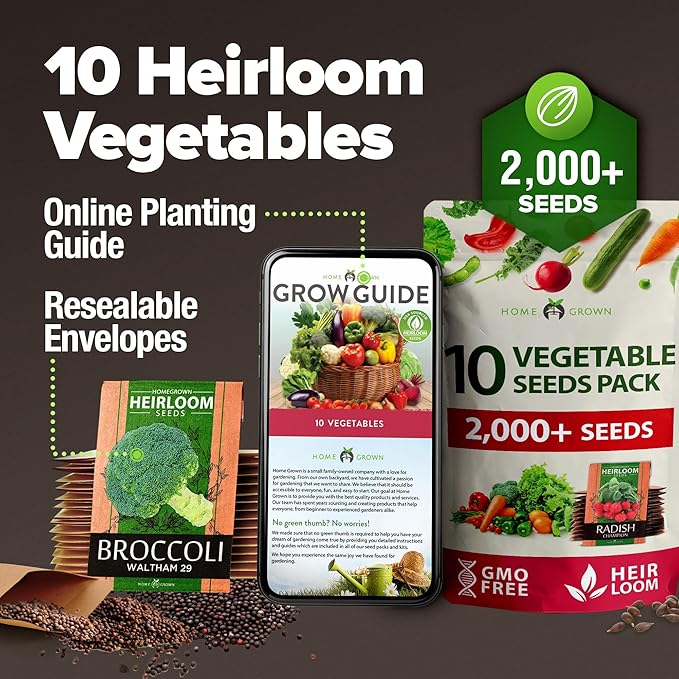 HOME GROWN 𝗨𝗦𝗔 𝗣𝗥𝗘𝗠𝗜𝗨𝗠 10 Variety Vegetable 2,000+ 𝗡𝗢𝗡-𝗚𝗠𝗢 Seeds (Kale Lettuce Tomato Broccoli Beans Peas Bell Peppers Carrot Cucumber Radish) – Indoor &amp; Outdoor Garden Survival Seeds