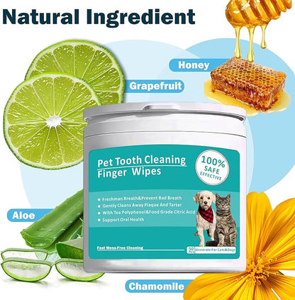 Teeth Cleaning Wipes for Pets 50Pcs ，Dog &amp; Cat Teeth Cleaning Wipes，Pet Teeth Cleaning Finger Mitt Dental Wipe，Pet Teeth Cleaning Finger Wipes，Natural Formula Finger Grooming Wipe for Pets