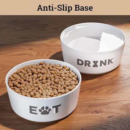 Ceramic Dog Bowl Set of 2 with Anti-Skid Base - 6.5" Wide x 2.5" Tall Ceramic Dog Bowls Medium Sized Dogs - 3.8 Cup Capacity Food and Water Bowls for Dogs - Rubber Bottom Pet Bowl Set of 2 Medium Size