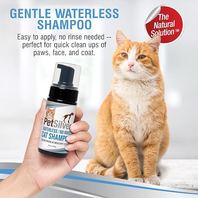 PetSilver Waterless Cat Shampoo - No Rinse Bath &amp; Dry Shampoo for Cats - Long-Haired &amp; Sensitive Skin - Cleans, Conditions &amp; Moisturizes - Hypoallergenic &amp; Fragrance-Free - Patented Formula - 5 fl oz