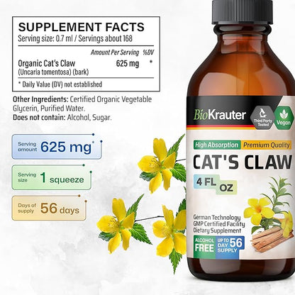 BIO KRAUTER Cats Claw Tincture - Liquid Cats Claw Herb for Immune Support - Alcohol &amp; Sugar Free - Vegan Drops 4 Fl.Oz.