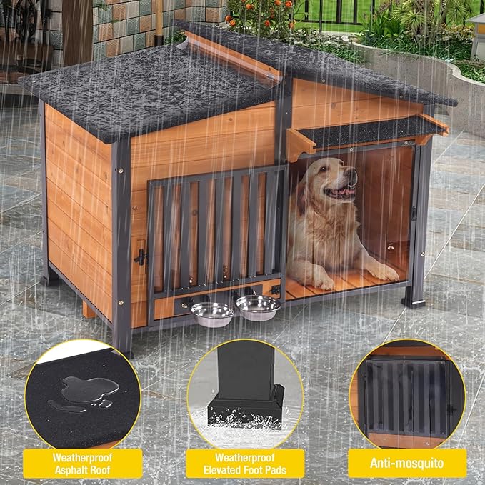 Chew-Resistant Dog House with Metal Frame, Wooden Kennel for Indoor &amp; Outdoor Use, Waterproof Roof &amp; Feeding Bowls Included (Wood, L)