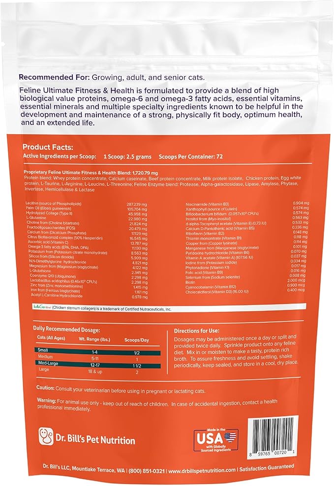 Dr. Bill’s Feline Ultimate Fitness &amp; Health | Cat Multivitamin Powder - Daily Supplement | Weight Control, Joint, Brain, Heart &amp; Immune Support | Omega 3s, Collagen, B Vitamins, Taurine, Amino Acids