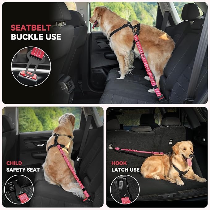 Pawaboo Dog Seatbelt for Car, 3-in-1 Dog Seat Belt Bungee, Shockproof Dogs Tether for Car with Buckle &amp; Hook Latch, Adjustable Reflective Dogs Cars Harness Leash with 360° Lockable Buckle, Red