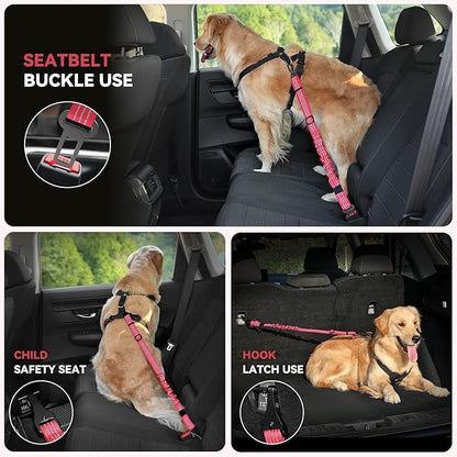 Pawaboo Dog Seatbelt for Car, 3-in-1 Dog Seat Belt Bungee, Shockproof Dogs Tether for Car with Buckle &amp; Hook Latch, Adjustable Reflective Dogs Cars Harness Leash with 360° Lockable Buckle, Red