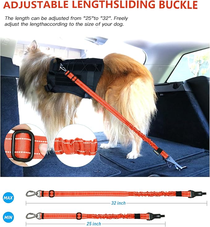 AUBELL Dog Seat Belt for Car,2 Pack Set 3-in-1 Adjustable Reflective Bungee Heavy Duty Dog Car Harness Tether with Clip Hook Latch &amp; Buckle,Swivel Zinc Alloy Carabiner,Black+Orange