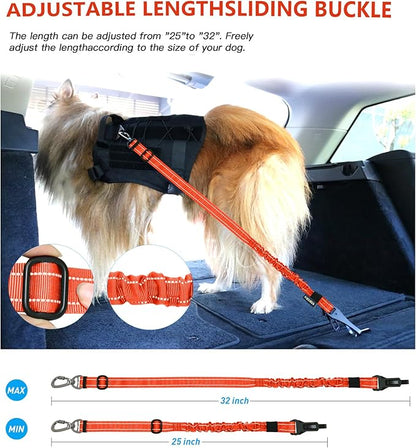 AUBELL Dog Seat Belt for Car,2 Pack Set 3-in-1 Adjustable Reflective Bungee Heavy Duty Dog Car Harness Tether with Clip Hook Latch &amp; Buckle,Swivel Zinc Alloy Carabiner,Black+Orange