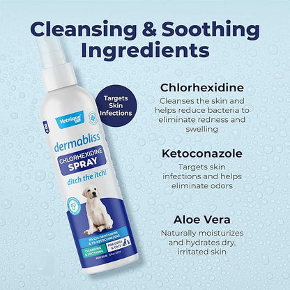 Vetnique Dermabliss Medicated Chlorhexidine Antiseptic Skin Spray for Dogs &amp; Cats, Supports Skin Infections and Irritations 8oz