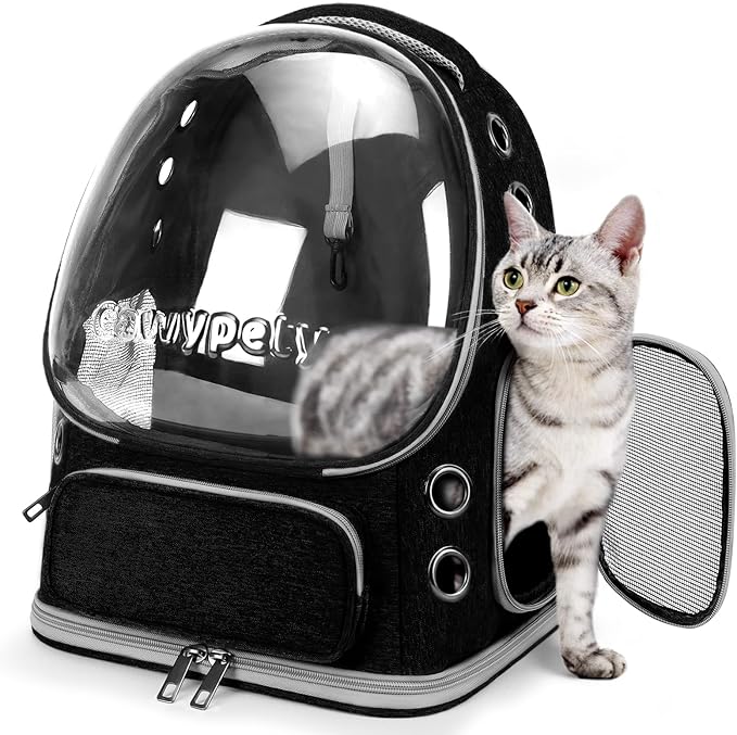 Cat Backpack Carrier, Breathable Cat Carrier Large Space Bubble Pet Backpack for Kitty Small Dog up to 12lbs, Transparent &amp; Foldable Pet Carrier for Travel Hiking (Black