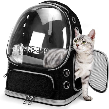 Cat Backpack Carrier, Breathable Cat Carrier Large Space Bubble Pet Backpack for Kitty Small Dog up to 12lbs, Transparent &amp; Foldable Pet Carrier for Travel Hiking (Black