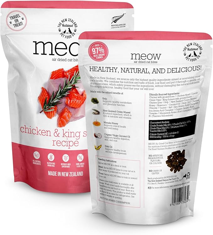 Meow e - Chicken &amp; King Salmon Recipe, Dry Cat Food Use as a Complete Diet, Topper, Mixer, or as Cat Training Treats, All Life Stages, 3.5 oz