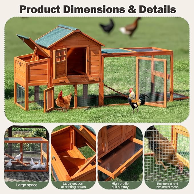 Chicken Coop for 4-6 Chickens Outdoor Wooden Hen House Poultry Pet Hutch for Backyard w/Run Cage &amp; Nesting Box