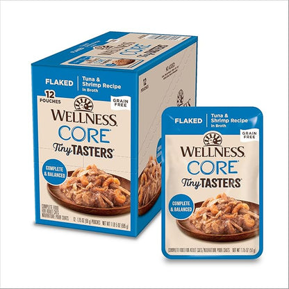 Wellness CORE Tiny Tasters Minced Adult Wet Cat Food, Natural, Protein-Rich, Grain Free, 1.75-Ounce Pouch, 12 Pack, (Tuna &amp; Shrimp)