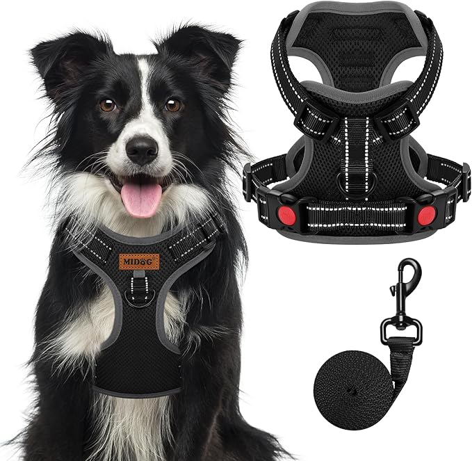 MIDOG No-Pull Dog Harness | Adjustable &amp; Reflective Pet Harness Leash Set for Small Medium Large Dogs Walking, Training| No Choke, Front Clip, Soft Padded Vest with Easy Control Handle - Black, XL
