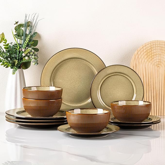 GBHOME Ceramic Dinnerware Sets,12 pcs Embossed Elegant Stoneware Plates and Bowls Sets, Housewarming Wedding Gift | Dishwasher &amp; Microwave Safe | Dishes Set Service for 4