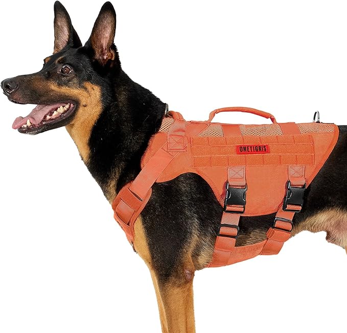 OneTigris Mesh Design Tactical No Pull Dog Harness for Large Dogs, Breathable Service Dog Vest Harness with Handle, Military Dogs Vest with Molle Panels for Walking Hiking (Orange, X-Large)