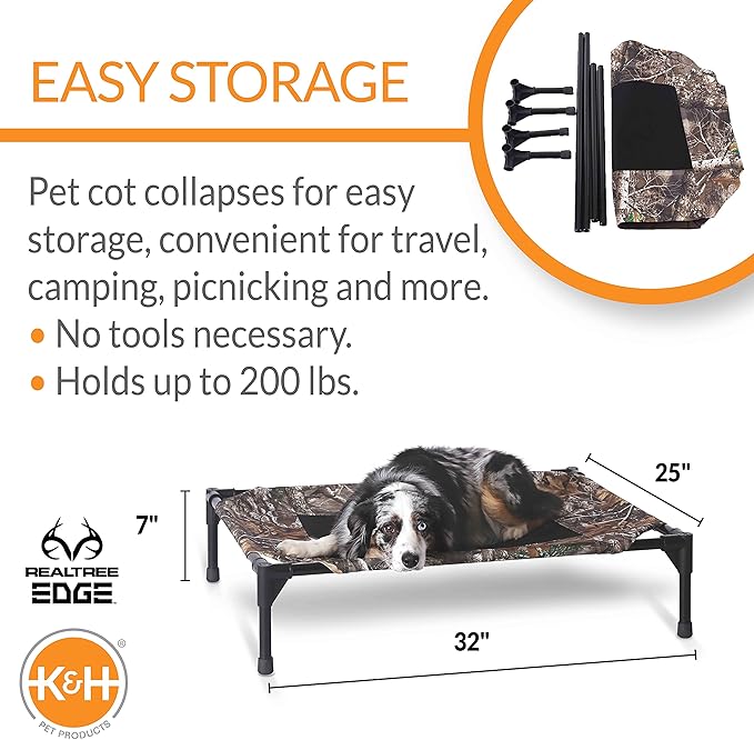 K&amp;H Pet Products Outdoor Elevated Dog Cot, Breathable Cooling Elevated Cot Hammock Pet Bed for Medium Dogs, Washable Mesh Cover, Raised Metal Frame, Collapsible, Portable - Medium 32 X 25in Camo