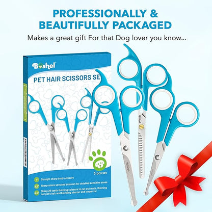 BOSHEL 3 Pc Dog Grooming Scissors Kit - 7" Scissor For Body Hair Trimming, 6" Small Micro-serrated Scissor For Face, Ear, &amp; Paws, Thinning Shears For Dogs - Professional Dog Grooming Kit For Cat &amp; Pet