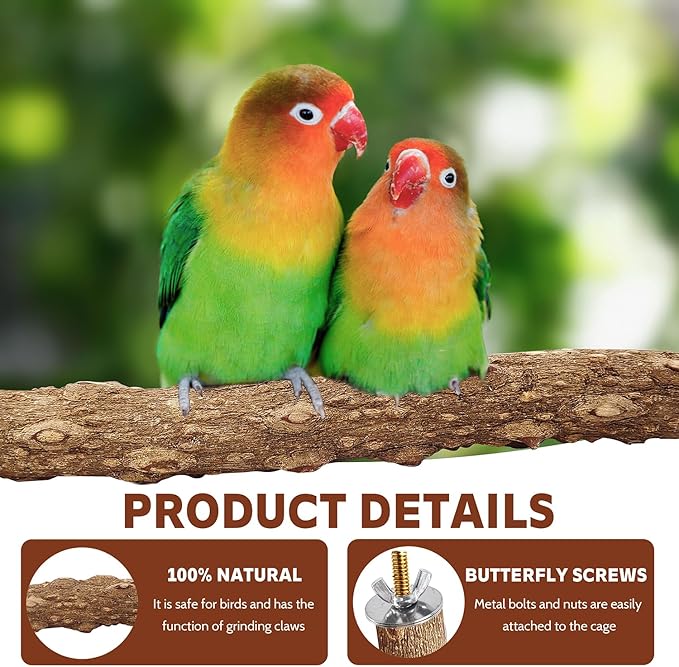 7-Piece Bird Perch Set: 3 Grapevine Paw Grinding Forks, 2 Wood Stands &amp; 2 Hammocks - Cage Accessories for Parakeets, Cockatiels, Conures, Budgies